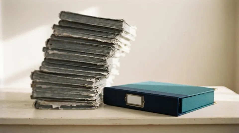 A stack of grey spreadsheet ledgers beside a single clean navy report binder on a warm off-white desk