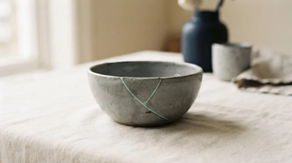 A cracked ceramic vessel reassembled and standing upright, suggesting a stalled project repaired rather than discarded