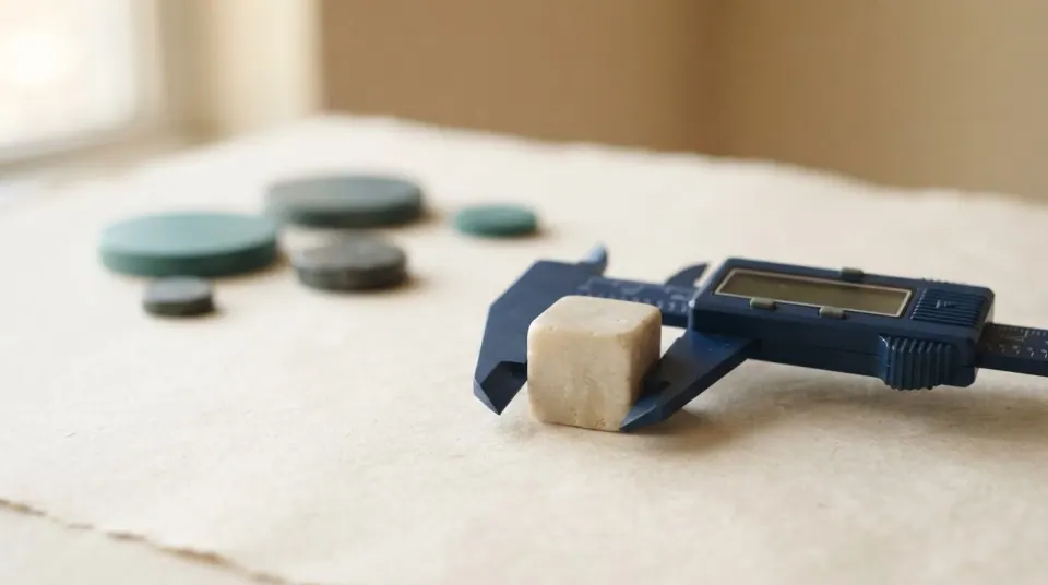 A navy caliper gauge measuring a single stone cube against a warm off-white background