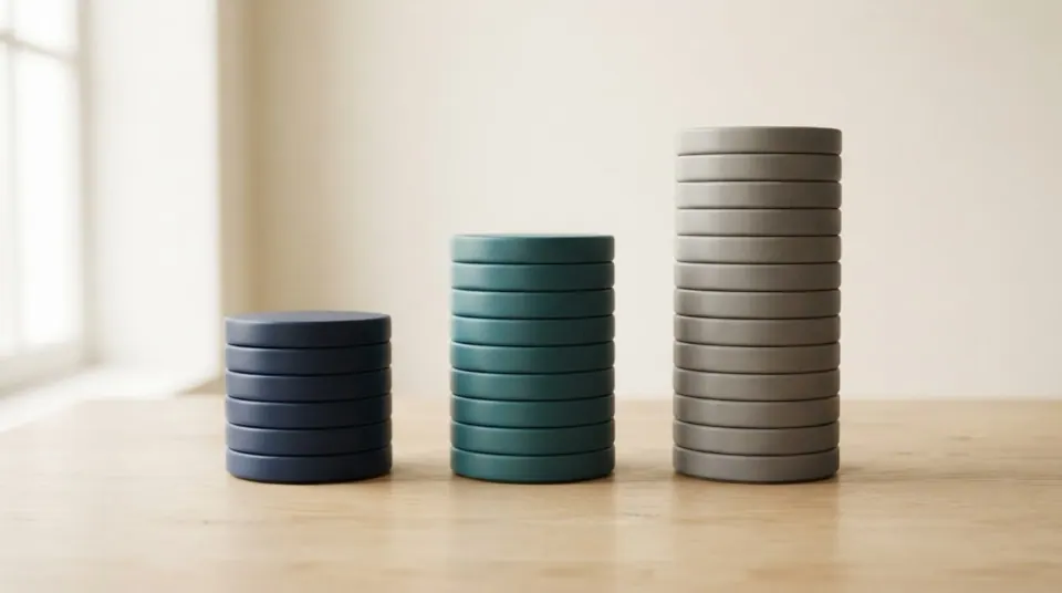 Three ascending stacks of blue, teal and grey discs representing graduated ERP budget tiers