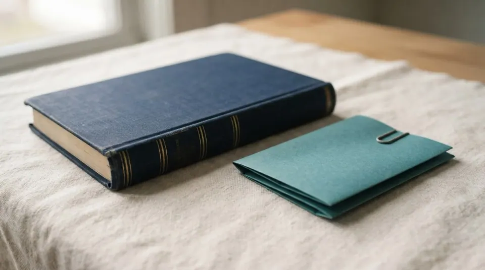 A single navy ledger card aligned beside a teal paper statement on a warm off-white surface