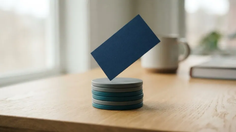 A single navy ledger card settling onto a stack of teal and stone discs on a warm off-white surface
