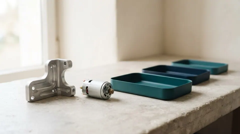 A row of machined metal brackets and a small motor arranged on a workbench, phased left to right like a planning timeline