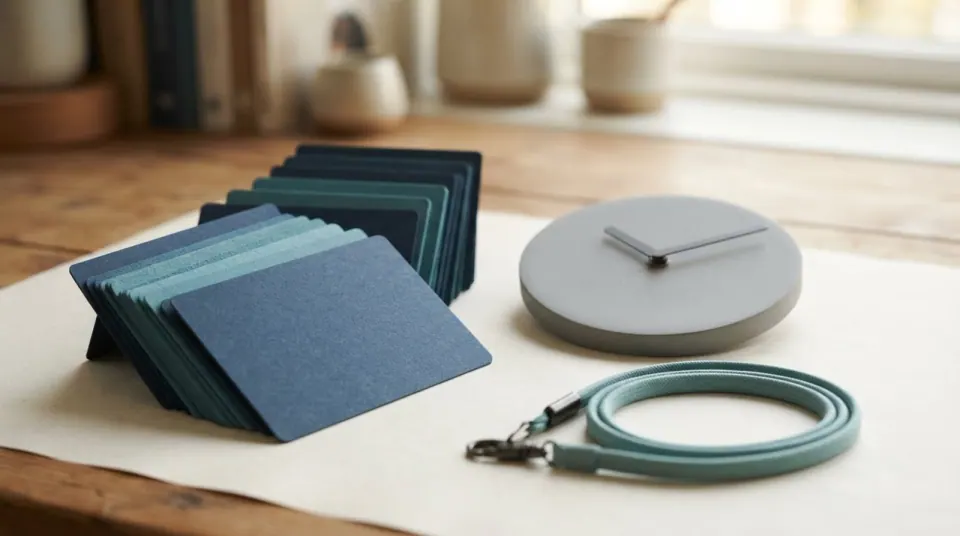 A row of stacked navy and teal time cards beside a single stone clock face on a warm off-white desk