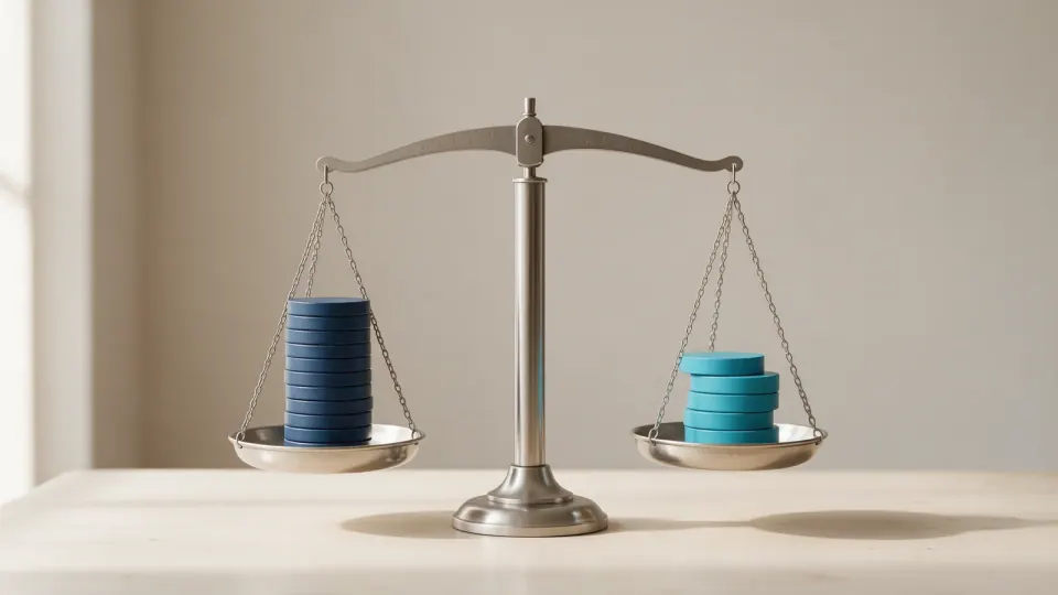 Conceptual illustration of a balance scale with weights for implementation costs