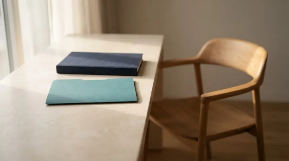 A single empty chair at a tidy desk beside an open ledger, one navy folder left behind on stone