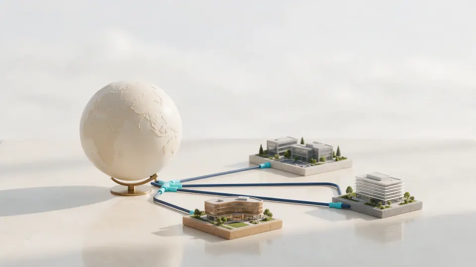 Conceptual illustration of a globe and connected site models for a multi-country rollout