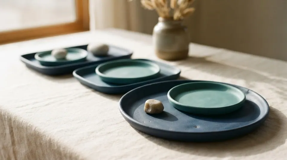 Several nested navy and teal trays stacked in a tree formation on a warm off-white surface