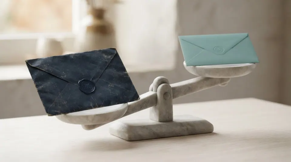 A navy renewal envelope and a lighter teal envelope balanced on a stone scale against a warm off-white background