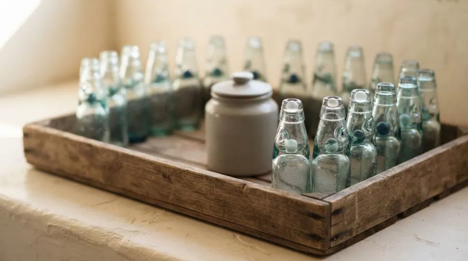 A ring of returnable glass bottles in a crate circling back to a single stone jar, representing franchise rotation at scale