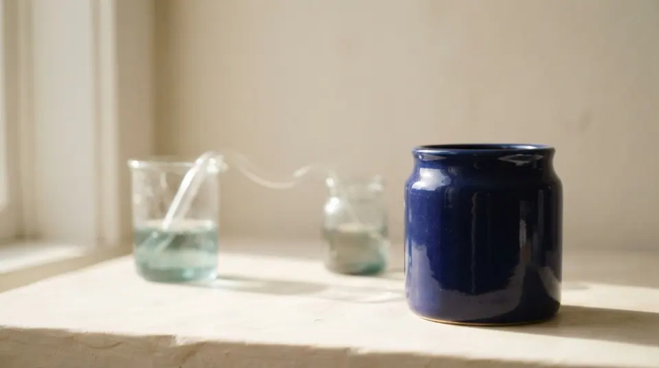 Two separate glass vessels linked by a thin fragile tube beside one solid unified jar, on a warm off-white surface